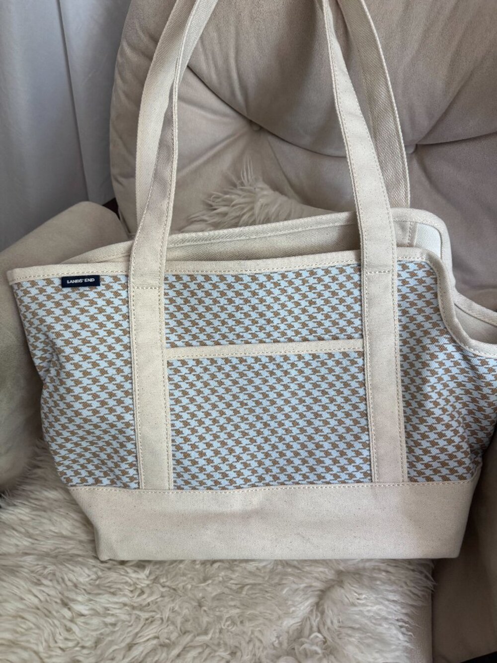 Lands' End Beige and Light Blue Patterned Canvas Tote